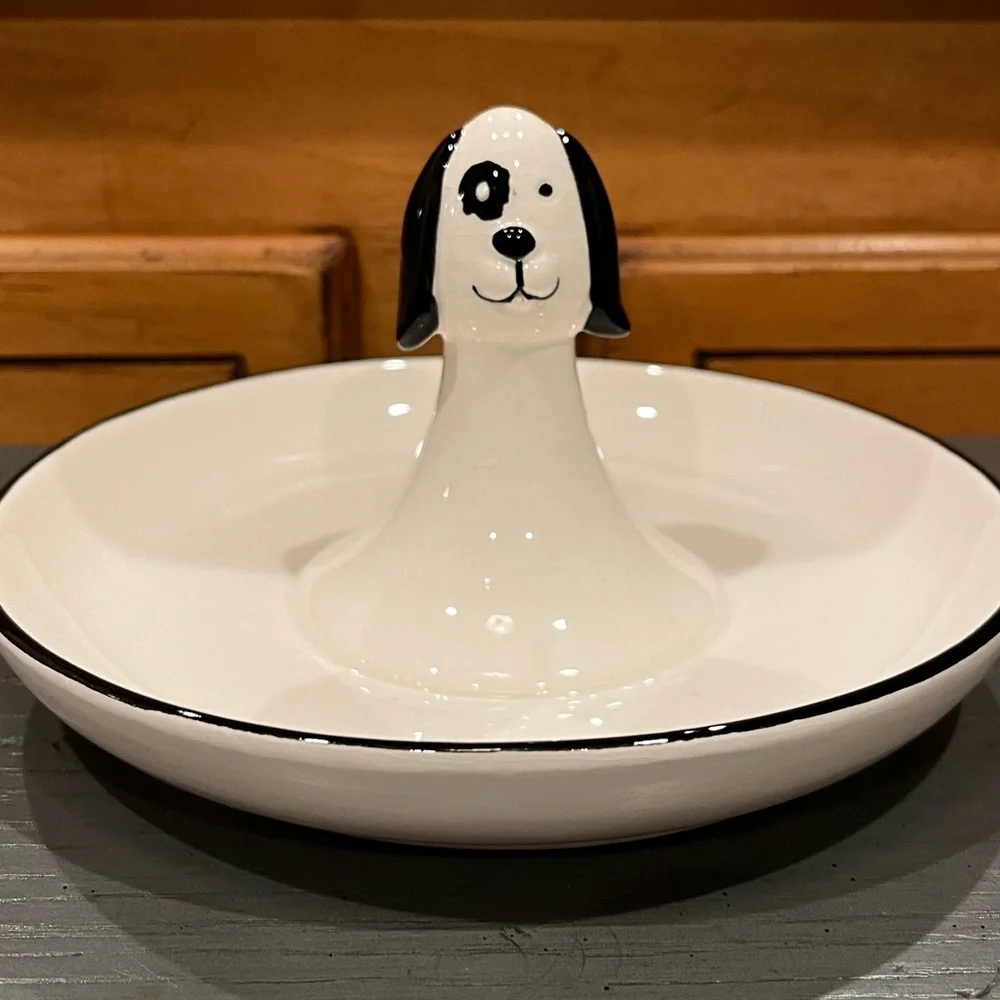 NEW Gerson Lone Elm Studios Black & White Porcelain Dog Themed Ring Jewelry Dish